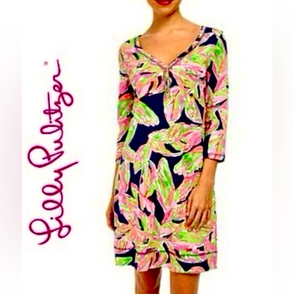 LILLY PULITZER PALMETTO IN THE VIAS PUMA PINK NAVY DRESS-SIZE MEDIUM - Picture 2 of 12